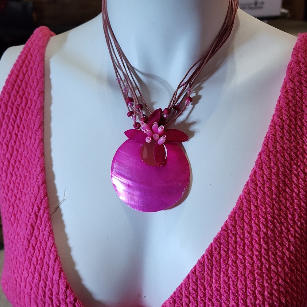 Multi-strand Necklace With Pink Shell Floral Pendant